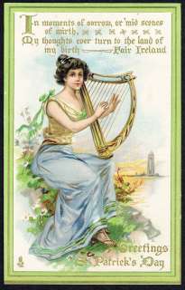 ST. PATRICKS DAY   Lovely Lady Playing Harp 1910 TUCK  