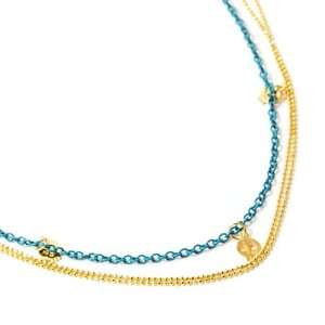 Gold and Imitation Turquoise Skull Triple Layer Charm Necklace Fashion 