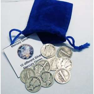  10 Different Silver Mercury Dimes in Gift Bag Everything 