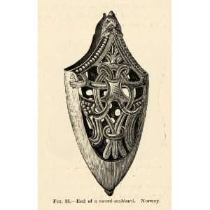 1892 Woodcut Weapon Sword Scabbard Sheath Norway Scandinavia Iron Age 