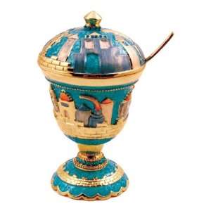  Jeweled Jerusalem Honey Dish   Turquoise with Sapphire 