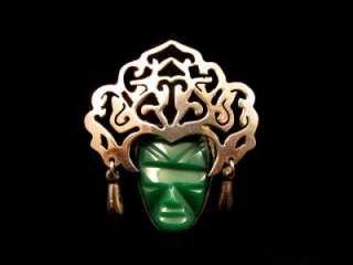 green onyx Aztec mask with sterling silver open cutwork headdress 