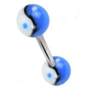  Tongue Ring Piercing Barbell with White and Blue Ying Yang 