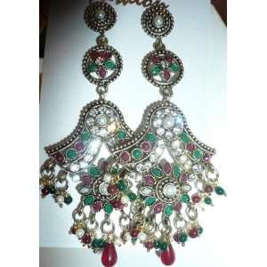  ANTQ/VNTG Gold Kundan Indian Dangle Chandelier Earrings 