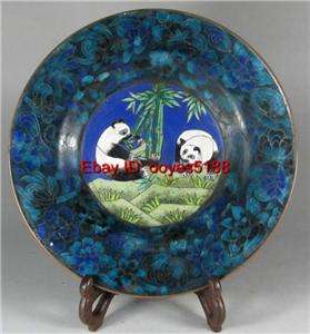 China cloisonne enamel 2 panda eat bamboo design plate with wood stand