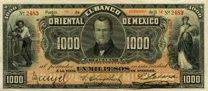 M466b El Banco Oriental de Mexico 1000 Pesos VF+ #2295  