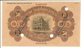 China Chartered Bank Hankow Branch 1924 $50 Specimen  