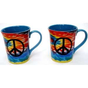  Set Of 2 Peace Sign Tie Dye Ceramic Mugs   Blue Kitchen 