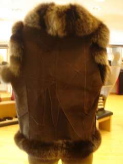 CHOCOLATE SHEARLING VEST WITH FOX TRIM NWT LG  