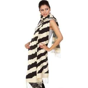  Black and Beige Printed Silk Pashmina Stole from Nepal 