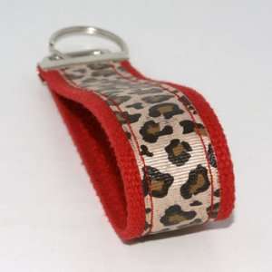  Tan Leopard Print 6   Red   Fabric Keychain Key Fob Ring 