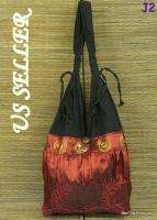   Hobo Floral Embroidered Shoulder Bag Purse Thai Silk Satin Burgundy J2