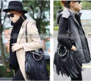 New Punk Double Side Tassel Fringe Lady PU Leather Handbag Shoulder 