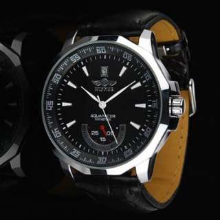   Winding Automatic Mechanical Black Face Leather Strap Mens Wrist Watch