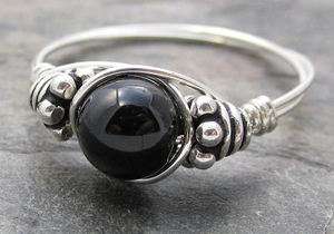 Black Schorl Tourmaline Bali Sterling Silver Wire Wrapped Bead Ring 