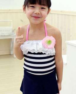 Girls Navy Stripe Swimsuit Swimwear Tankini Age 6 10Y  