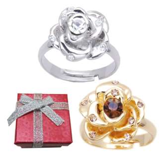 Blossoming Rhinestone Rose Cocktail Ring Size 6 7 8 9  