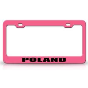 POLAND Country Steel Auto License Plate Frame Tag Holder, Pink/Black