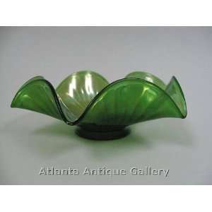  Green Wave Edge Footed Carnival Glass Bowl Kitchen 
