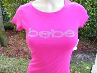 BEBE logo crystals t shirt PINK crew 162555  