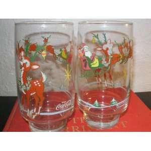  Pair of 1983 Rudolph and Santa Coca Cola 16 Oz. Glasses 