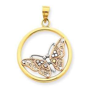  14k Tri Color Gold Butterfly in Circle Pendant: Jewelry