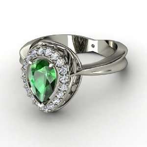  Calla Ring, Pear Emerald 14K White Gold Ring with Diamond 