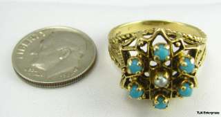 VICTORIAN Six Stone TURQUOISE Pearl RING   14k GOLD  
