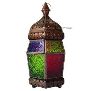  Multi Color Glass & Bronze Moroccan Lantern / Candle Lamp 