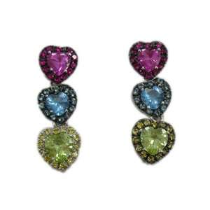   Earrings 3 Colorful Dangling Heart Trios in Sterling Silver Rings