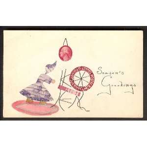  Woman and Spinning Wheel on Handmade Stamp Card Ephemera 