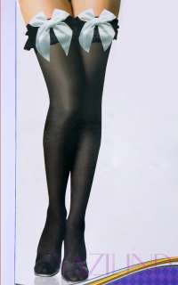 NEW BLACK THIGH HIGH STOCKINGS WITH WHITE SATIN bowknot BOW TOPS 