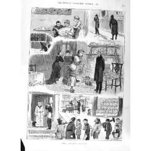  1881 CHRISTMAS MISTLETOE PIGS CARDS FAMILY COLOUR PRINT 