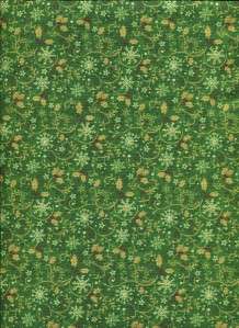 CHRISTMAS GRN SM SNOWFLAKES & HOLLY Cotton Quilt Fabric  