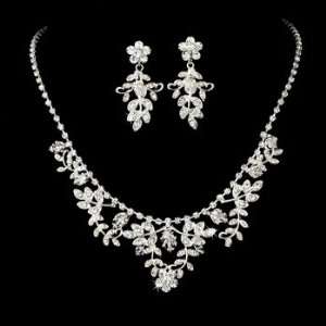    Silver Rhinestone Floral Vine Necklace Earring Set Jewelry