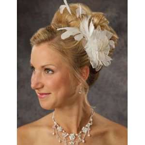  Ivory Feather Comb with Organza Flower Center 8019 Beauty