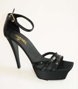 CHANEL CC Black Satin Sequin Ankle Strap Platform Sandal Shoe 40 NEW 