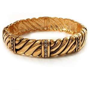  Gold Plated Rope  Textured Crystal Hinged Bangle Bracelet 