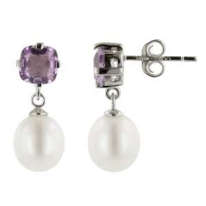   Silver Amethyst and Freshwater Cultured Pearl Drop Earrings: Jewelry
