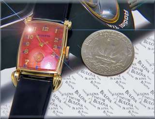 1949 Vintage RUBY Coral BULOVA 100% USA fancy Mens gold DeCo Watch 