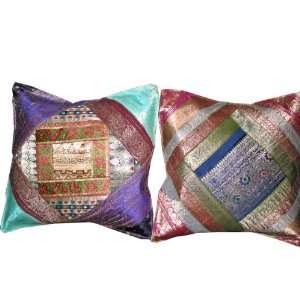   Blue Pink Ethnic Vintage Sari Zari Borders Toss Pillow: Home & Kitchen