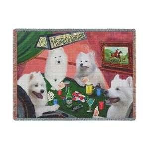  Home of Samoyeds Woven Throw Blanket 4 Dogs Playing Poker 