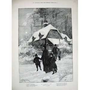   : 1894 Christmas Day Family House Snow Moon Trees Art: Home & Kitchen