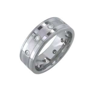 Deja Fancy Titanium Ring with High Polish Stripes and Diamonds Size13 