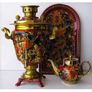  RUSSIAN HAND PAINTED ELECTRIC SAMOVAR, BREWING TEAPOT AND 