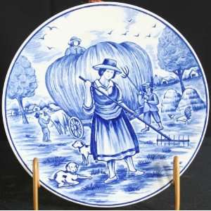 Vintage Japanese Blue White Delft Ceramic Transferware Plate Harvest 