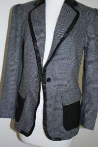 AUTH $625 Robert Rodriguez Tweed Jacket Blazer with Leather Trim Puff 