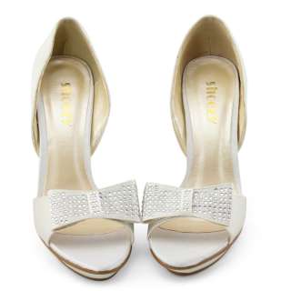   wedding ivory satin rhinestones bow high heels platform shoes  