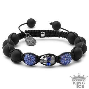  Black Plated Blue CZ Iced Out Skull Disco Ball Bracelet Jewelry