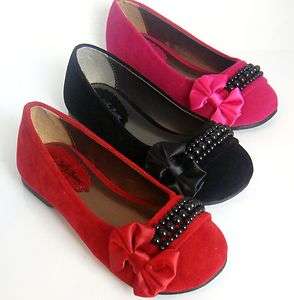 New Girls Flats Fuschia Black Red Youth Sz Shoes  